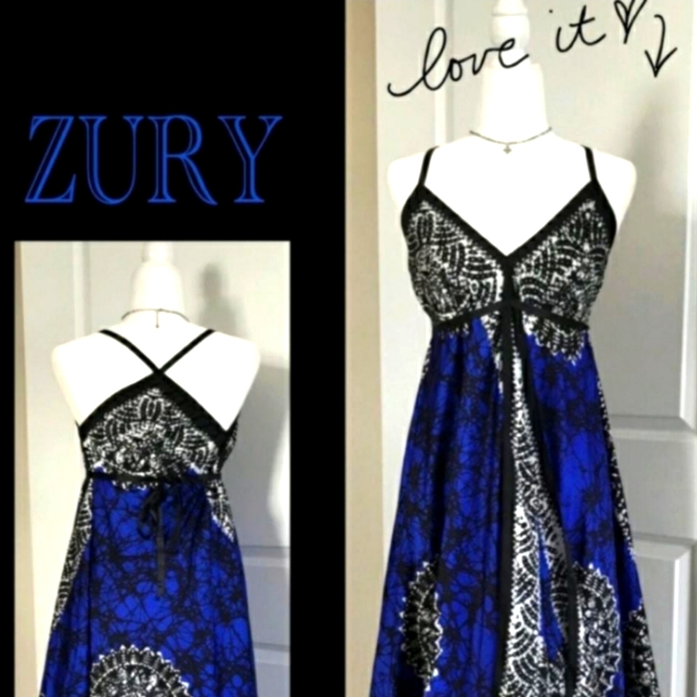 NWOT ZURI deep blue/white/black scarf dress